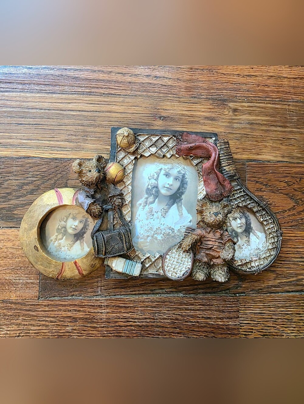 Vintage Resin 3 Photo Collage Frame Teddy Bear And Sports